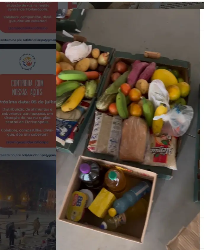 Caixas com frutas, legumes e alimentos arrecadados em doação